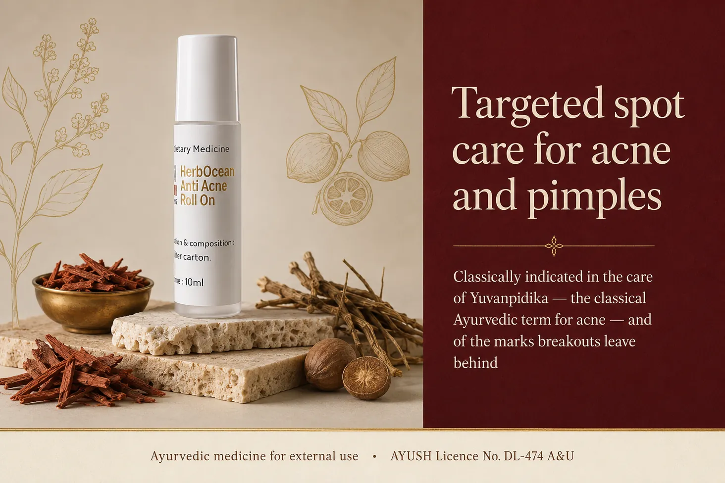 HerbOcean Anti-Acne Roll-On - targeted spot care for acne and pimples, classically indicated in the care of Yuvanpidika