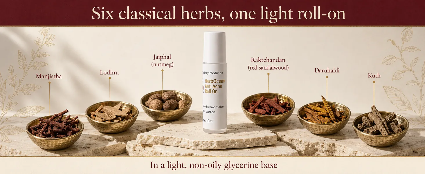 Six classical herbs in a light glycerine roll-on: Manjistha, Lodhra, Jaiphal, Raktchandan, Daruhaldi and Kuth