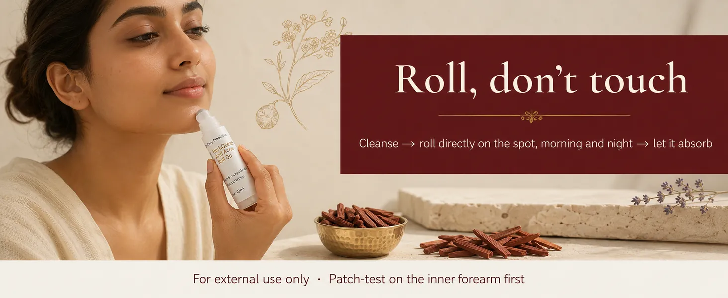 How to use the Anti-Acne Roll-On: cleanse, roll directly on the spot morning and night, let it absorb - external use, patch-test first