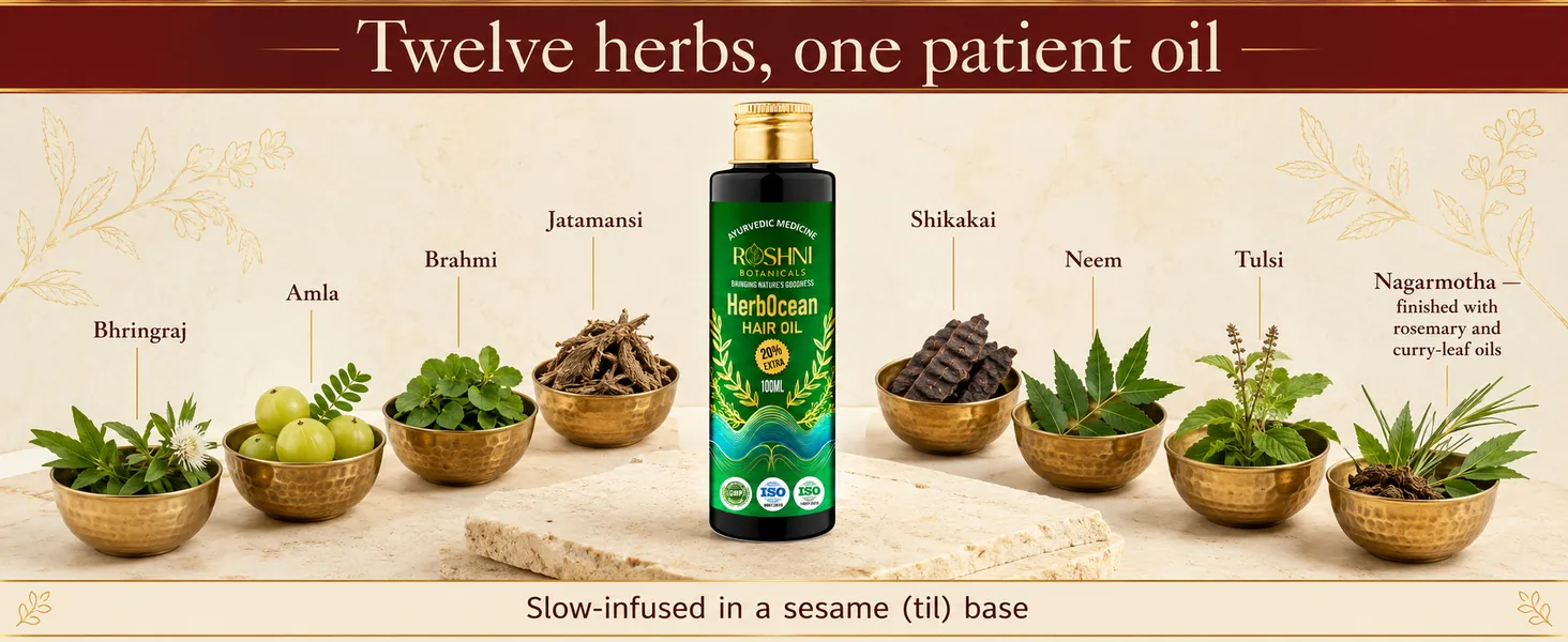 Twelve herbs, one patient oil: Bhringraj, Amla, Brahmi, Jatamansi, Shikakai, Neem, Tulsi and Nagarmotha with rosemary and curry-leaf oils, slow-infused in a sesame (til) base