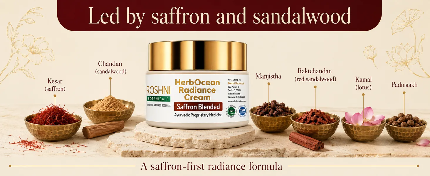 Led by saffron and sandalwood: Kesar, Chandan, Manjistha, Raktchandan, Kamal (lotus) and Padmaakh - a saffron-first radiance formula