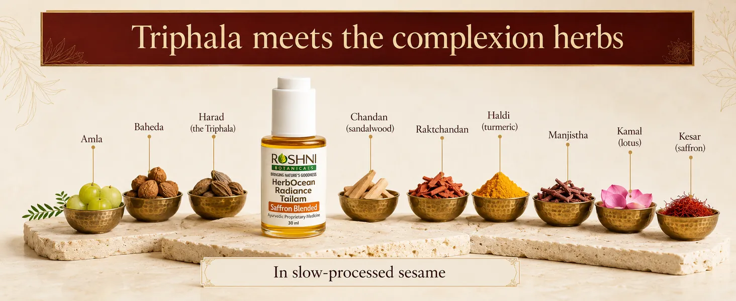 Triphala meets the complexion herbs: Amla, Baheda, Harad, Chandan, Raktchandan, Haldi, Manjistha, Kamal and Kesar in slow sesame