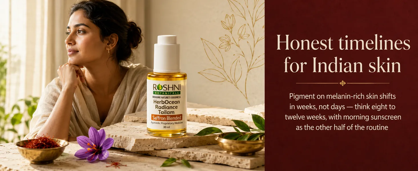 Honest timelines for Indian skin - pigment shifts in weeks, not days, with morning sunscreen as the other half of the routine