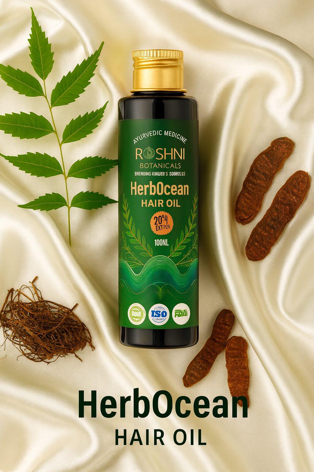 HerbOcean Hair Oil with Neem, Shikakai, and Jatamansi Ayurvedic ingredients for scalp health.