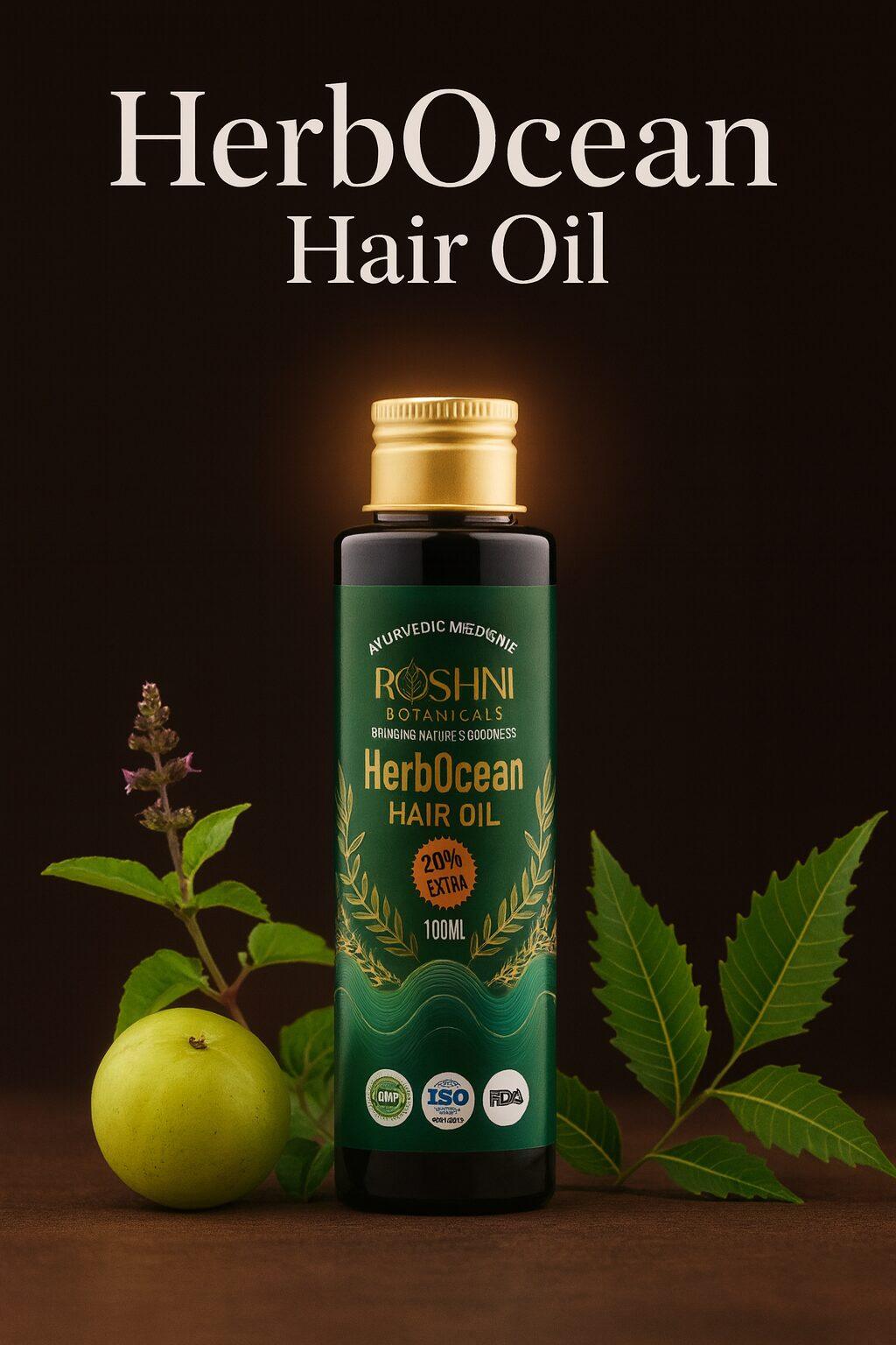 Roshni Botanicals HerbOcean Ayurvedic herbal oil on ivory silk with Tulsi, Amla and Neem—natural hair care solution, best hair oil for thicker hair growth