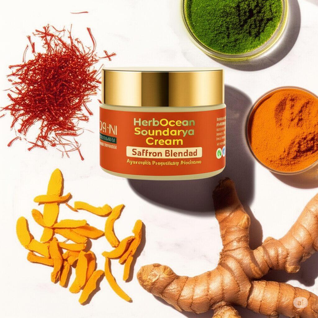 Flatlay of Ayurvedic skincare routine ingredients — saffron, turmeric, aloe vera — with HerbOcean Soundarya Cream for glowing skin