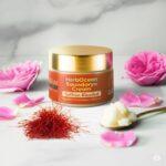 HerbOcean Soundarya Cream jar with saffron strands and rose petals – Ayurvedic skin brightening cream