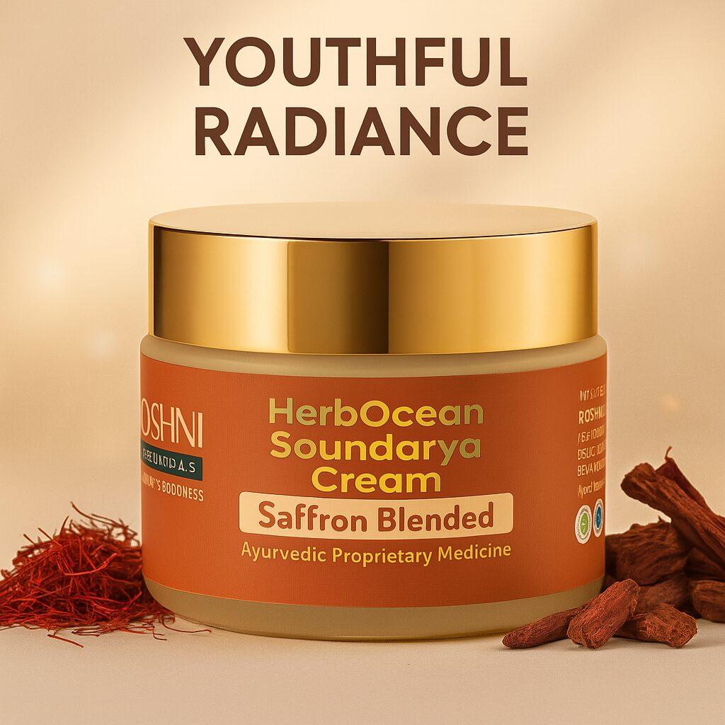 HerbOcean Soundarya Cream jar with saffron and manjistha – Ayurvedic anti‑aging cream natural alternative to retinol